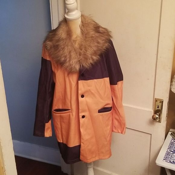 Womens Orange & Navy Color Block  Faux Fur Removable Collar Coat New Wool Look L - Picture 1 of 13